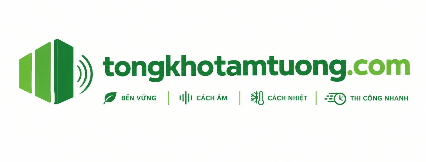 Logo xanh lá tongkhotamtuong.com với biểu tượng tấm panel và các thông điệp về độ bền, cách âm, cách nhiệt, thi công nhanh